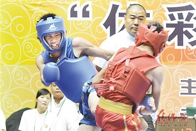2014年河南省首届全民健身大会青少年竞技组武术散打比赛现场图