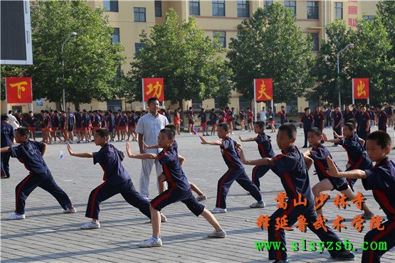 嵩山少林释延鲁武术学院学员正在认真学习少林功夫