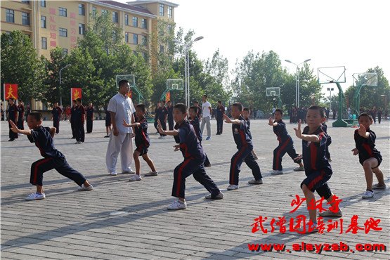  少林武校（少林延鲁武术学校）学员正在训练场上认真学习少林功夫