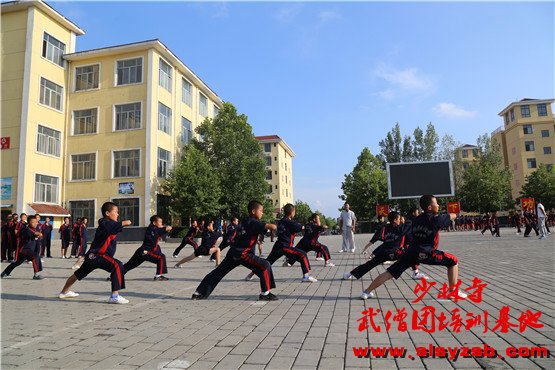   少林武校（少林延鲁武术学校）学员正在一号训练场认真学习少林功夫