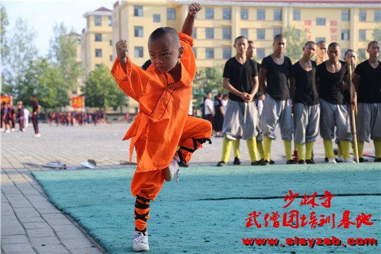 少林武校（少林延鲁武术学校）表演队学员正在训练场上练习武术套路