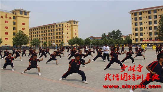 少林武校（少林延鲁武术学校）学员正在训练场上认真学习少林功夫