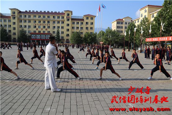 少林武校（少林延鲁武术学校）学员正在训练场上认真学习少林功夫