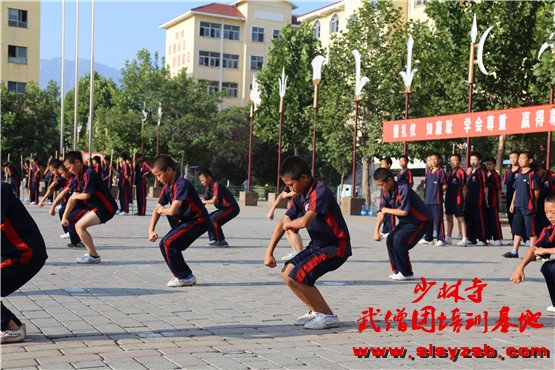 少林武校（少林延鲁武术学校）学员正在训练场上认真学习少林功夫