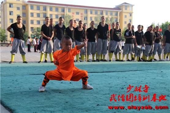 少林武校（少林延鲁武术学校）学员正在训练场上认真进行武术表演