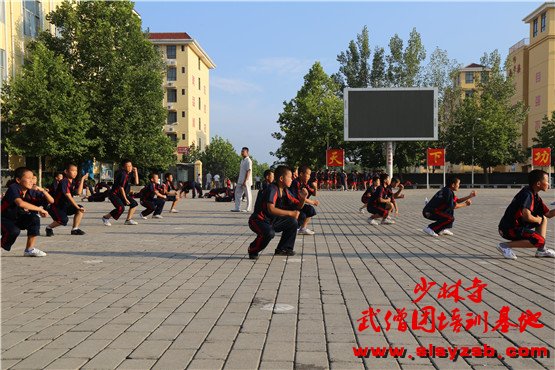 少林武校（少林延鲁武术学校）学员正在训练场上认真学习少林功夫