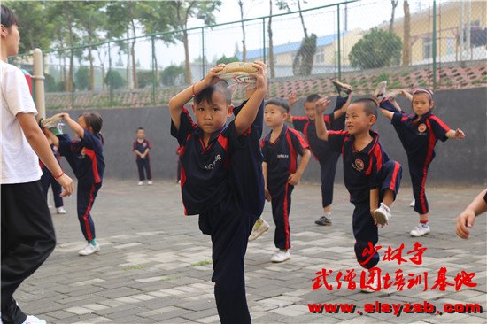 少林武校幼儿部学员正在教练的指导下学习少林基本功