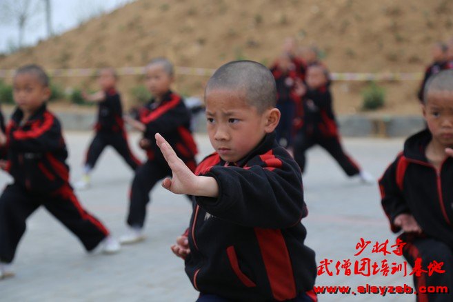 少林武术学校学员在练武场练武