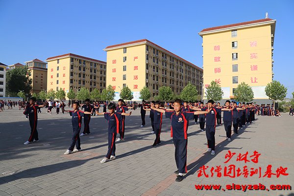 少林武术学校学员在练武场练武